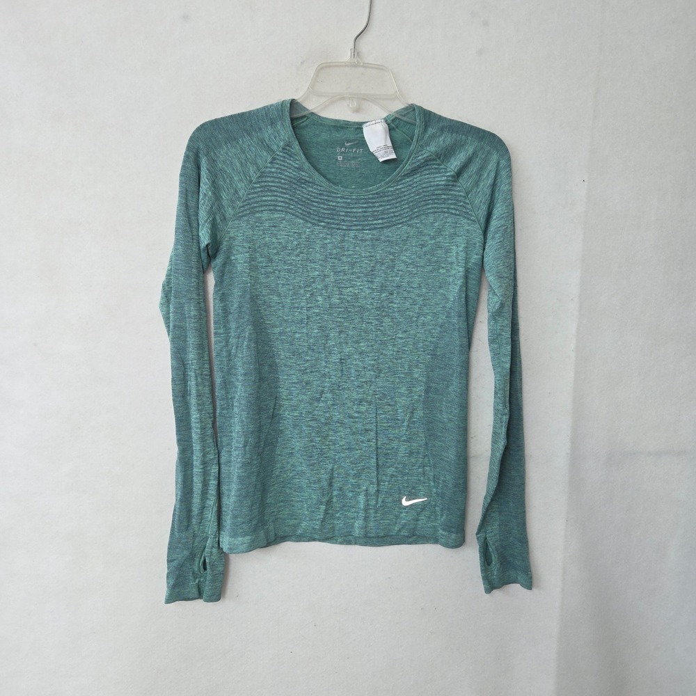 Nike DriFIT Knit Running Top Women M Teal Green Long Sleeve Thumbhole 718582-392